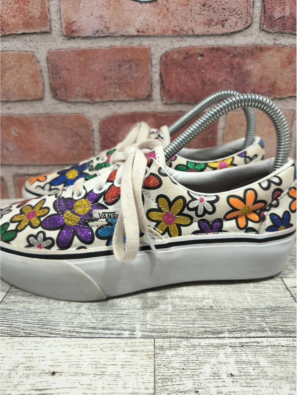 Vans Platform White Rainbow Glitter Flower Daisy Sneakers Size Women's 6.5